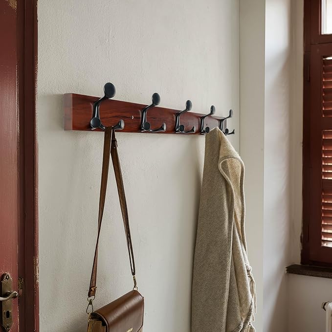 SKOLOO 30-Inch Cherry Wood Coat Rack Wall Mount with 5 Triple Hooks - Ideal for Family Entrances, Classrooms, and Pet Supplies Storage - Perfect Coat Hooks for Wall-Ruum Studio Home