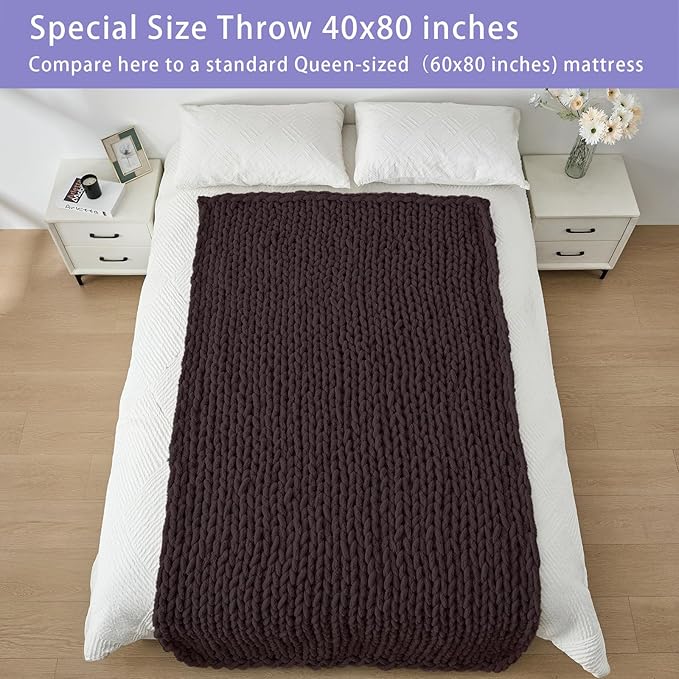 Bigacogo Chunky Knit Throw Blanket for Couch, 40x80 inches, 100% Hand Knitted with Thick Jumbo Chenille Yarn, Cozy Soft Large Rope Knot Cable Crochet Blankets for Sofa Bed Living Room, Chocolate-Ruum Studio Home