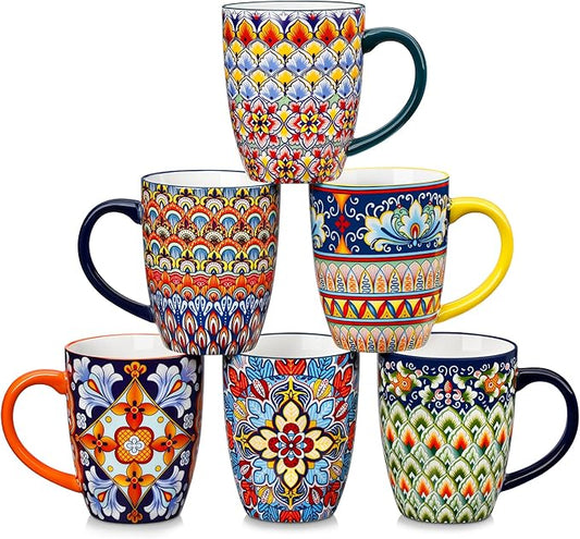 vancasso 16 oz Coffee Mugs Set of 6, Large Ceramic Mug with Handle, Boho Coffee Cups for Latte, Cappuccino & Hot Chocolate, Dishwasher & Microwave Safe Gift Set, Series SIMI-Ruum Studio Home