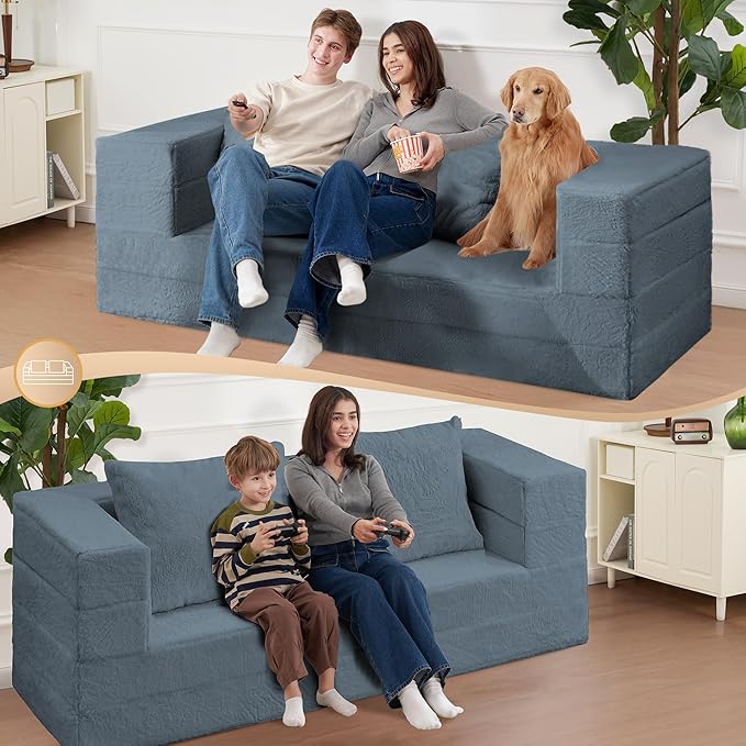 Folding Bean Bag Chair for Adults,3-in-1 Bean Bag Couch Faux Fur Floor Sofa Large Beanbag Convertible Bean Bag Sofa Bed with Pillow in Bedroom,Living Room,Apartment(Queen,Gray)-Ruum Studio Home