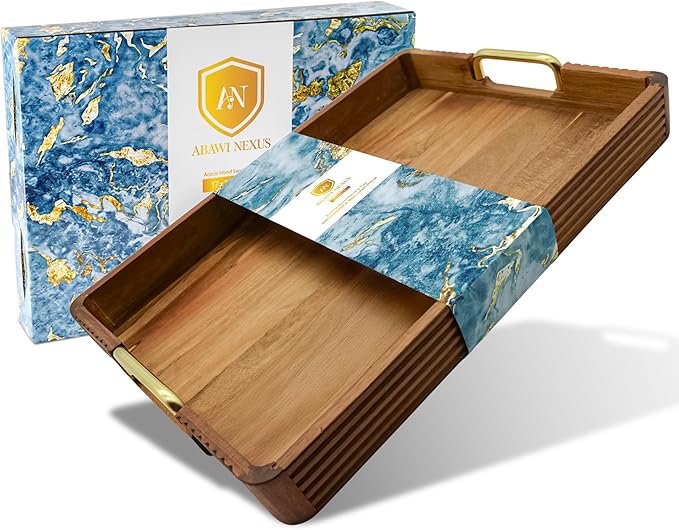 Acacia Wood Serving Tray with Metal Handles – 17x12in Rustic Decorative Ottoman & Coffee Table Tray for Breakfast in Bed, Dinner, Bar, Kitchen, Home Décor & Entertaining-Ruum Studio Home
