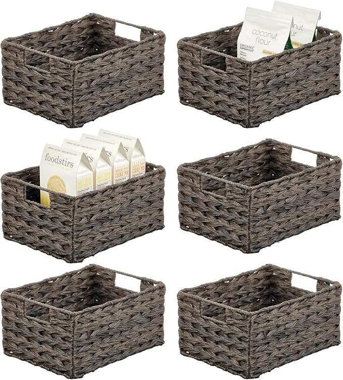 mDesign Woven Farmhouse Kitchen Pantry Food Storage Organizer Basket Box - Container Organization for Cabinets, Cupboards, Shelves, Countertops, Store Potatoes, Onions, Fruit, 6 Pack, Espresso Brown-Ruum Studio Home