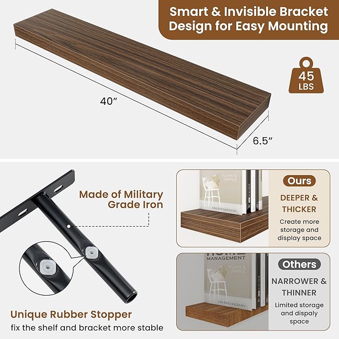 fuqing Floating Shelves for Wall, Bathroom Shelf Wall Mounted for Storage, Shelves with Invisible Bracket for Bedroom, Kitchen, Living Room, Farmhouse Small Book Shelf, 40 Inch Set of 2, Walnut-Ruum Studio Home