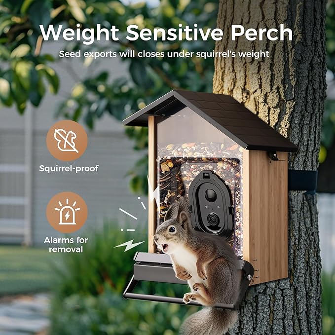 TT Nature Smart Squirrel-Proof Bird Feeder with Camera 2K, Solar Powered, AI Bird Species Recognition, Instant Notification, CCPA Data Security, Bamboo 3.2L Large Capacity, Ideal Gift-Ruum Studio Home