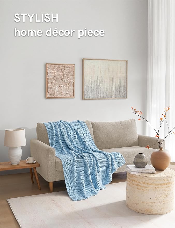 YnM Chunky Cotton Knit Throw Blanket, Cable Knit Throws for Bed Couch Sofa, Comfy & Relaxing, Decorative Piece for Farmhouse Modern Boho Rustic Scandinavian Chic Vibe, Aqua Blue 60x80 Inches-Ruum Studio Home