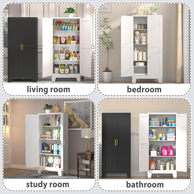 61.02" Pantry Cabinet, Kitchen Pantry Storage Cabinets with Adjustable Shelves and Feet, White Pantry Storage Cabinet for Kitchen, Dining Room, Living Room and Bathroom (White) Metal-Ruum Studio Home