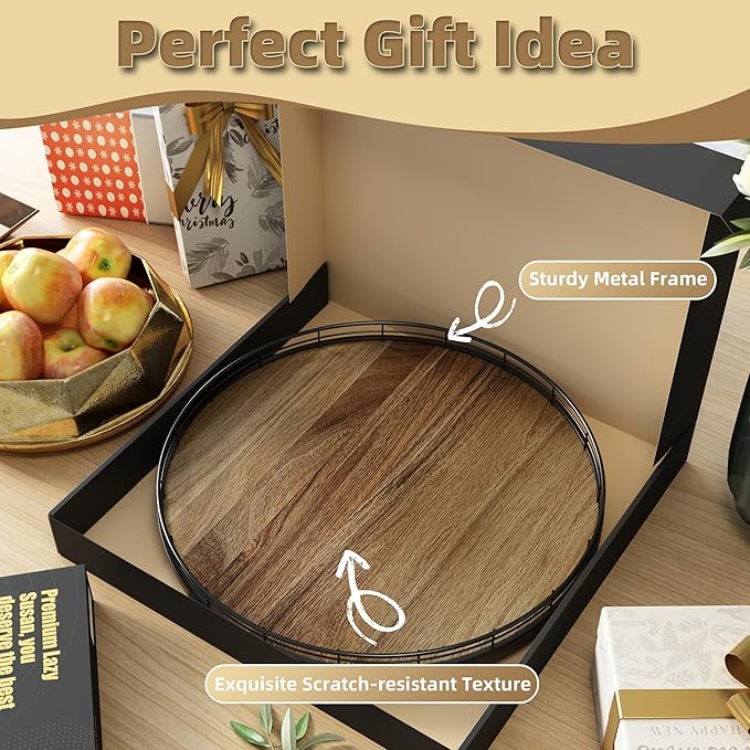 Acacia Wood 16" Lazy Susan Turntable Organizer for Table Top, Farmhouse Large Round Lazy Susan for Cabinet Kitchen Centerpieces Dining Table, for Condiments Charcuterie, Bathroom Vanity Tray Decor-Ruum Studio Home