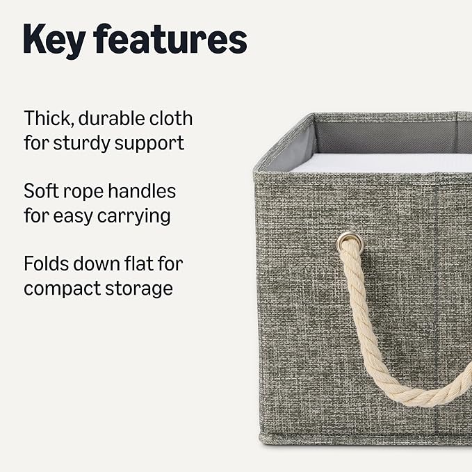 Amazon Basics Foldable Storage Bins with Rope Handles, Charcoal, Large, Pack of 3-Ruum Studio Home