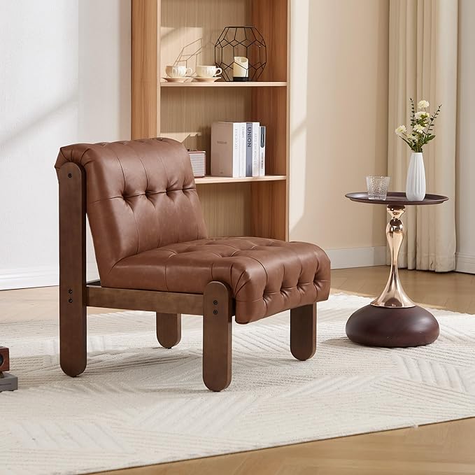 Modern Armless Accent Chair Set of 2 for Living Room, Brown PU Leather Button Tufted Upholstered Lounge Reading Chair with Walnut Wood Frame-Ruum Studio Home
