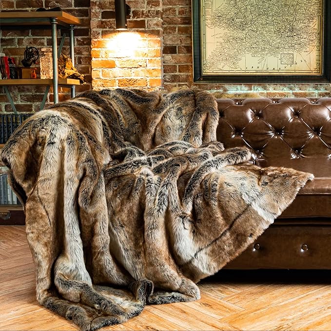 BATTILO HOME Large Brown Faux Fur Throw Blanket for Bed, Fall Fur Blanket and Throws, 60 x 80 Inches Super Soft Fuzzy Thick Warm Blankets for Couch, Reversible to Plush Velvet-Ruum Studio Home