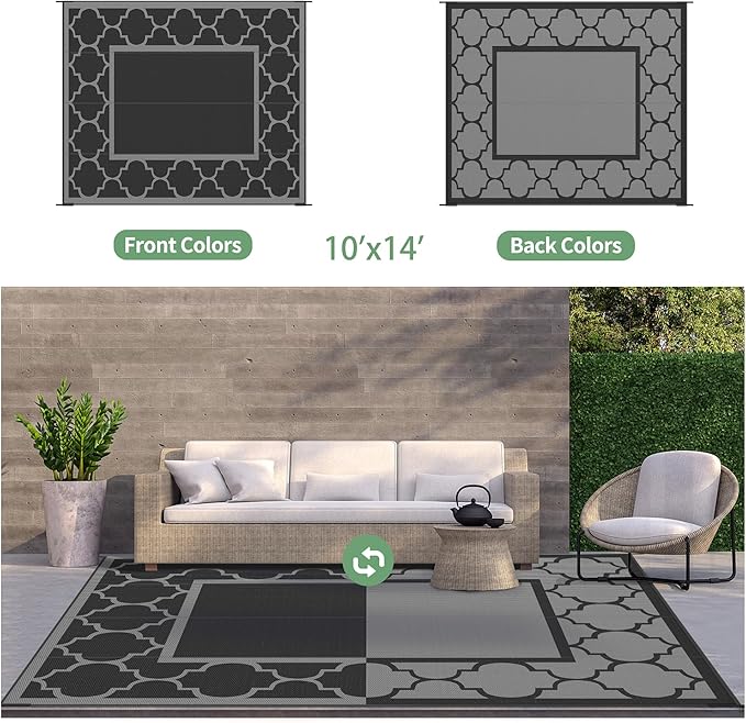 GENIMO 10 ' x 14 ' Outdoor Rug Waterproof for Patio Decor, Foldable Reversible Plastic Straw Area Rugs Mat for Camper, Outside Carpet for Rv, Deck, Porch, Picnic, Beach, Balcony, Black & Grey-Ruum Studio Home