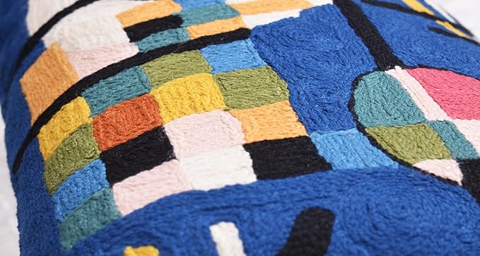 Lumbar Kandinsky Blue Modern Pillow Cover - Counterweights Mid-Century Chair Cushions Blues Abstract Pillowcase Contemporary Sofa Pillowsham Handembroidered Wool Size 14x20-Ruum Studio Home