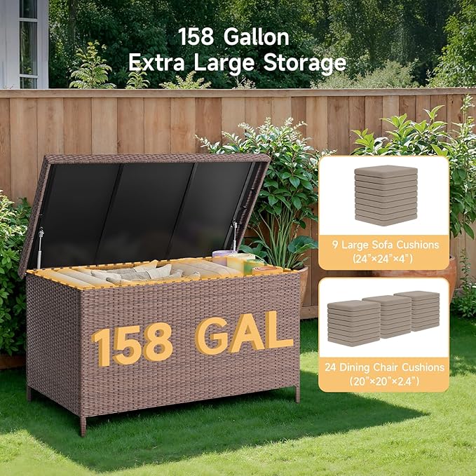 158 Gallon XL Deck Box with Lid, All Weather Wicker Outdoor Storage Box Waterproof, Large Outdoor Patio Storage Bin for Cushions, Garden Tools, Gears, Pool Accessories, Brown-Ruum Studio Home