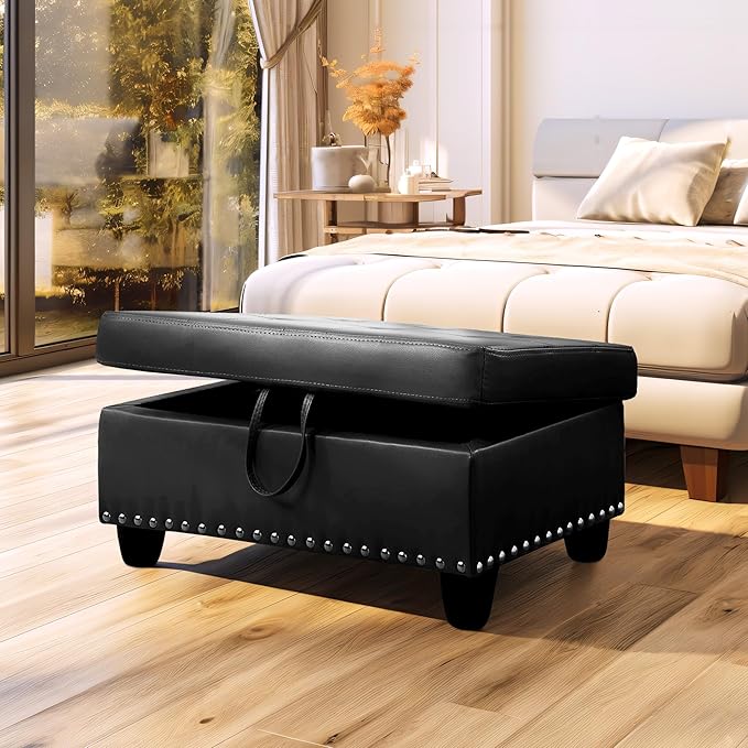 Ottoman Rectangular Storage Ottoman Bench, Faux Leather Footrest, Coffee Table, Stool Footstool with Hinged Lid for Living Room, Bedroom, Entryway, Black, 28.5"x19"x17.5"-Ruum Studio Home