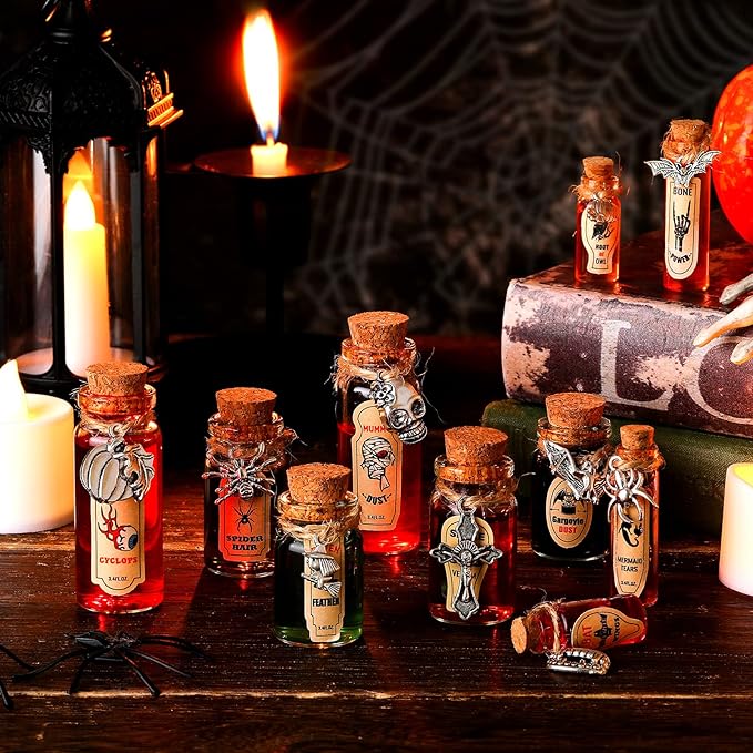 Newtay 53 Pcs Halloween Mini Potion Bottles Set Including 12 Decorative Glass Bottles with Cork Stoppers 20 Creepy Apothecary Bottle Labels Stickers 20 Charms Pendants 1 String (5/6/7/12 ML,Stylish)-Ruum Studio Home