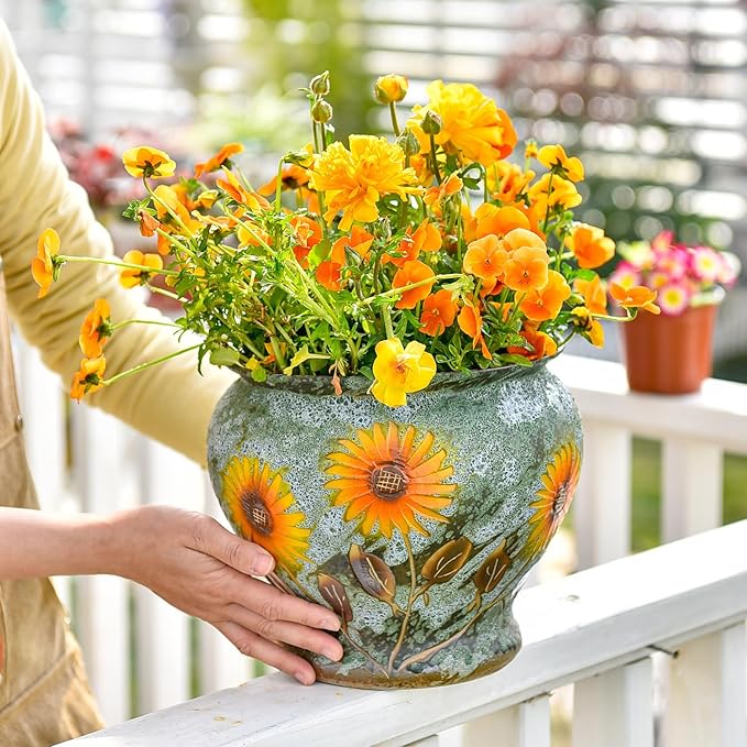 Sungmor Ceramic Hand Painted Succulent Flower Pots, 9 Inch Large Pottery Pots for Indoor Outdoor Plants, Decorative Ceramic Vase for Flower Arrangement Home Decor, Vintage Centerpieces Flowerpot-Ruum Studio Home