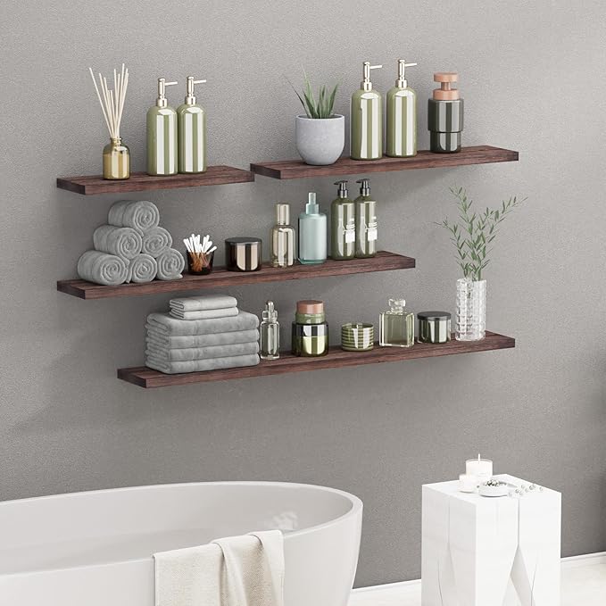 SAUMONIERES Floating Shelves 8 Inch Deep Solid Wood Wide Wall Shelf Set of 2 Wall Mounted for Bedroom Bathroom Living Room Kitchen, 24 Inch Walnut-Ruum Studio Home