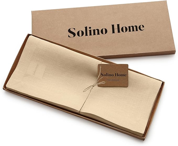 Solino Home Linen Beige Table Runner 60 Inches - 100% Pure Linen Small Table Runner 14 x 60 Inch Ideal for Dresser and Coffee Tables - Fall, Autumn, Thanksgiving - Fete-Ruum Studio Home