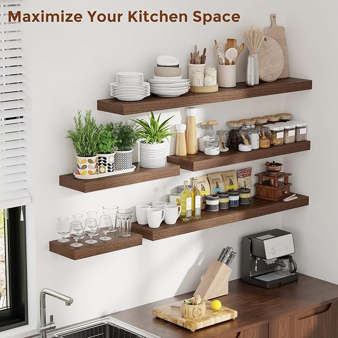 Heimlove 48 Inch Floating Shelves for Wall 8 Inch Deep Walnut Shelves Set of 2,Wall Mounted Rustic Wood Long Floating Shelf，Large Display & Storage Shelf with Invisible Brackets-Ruum Studio Home