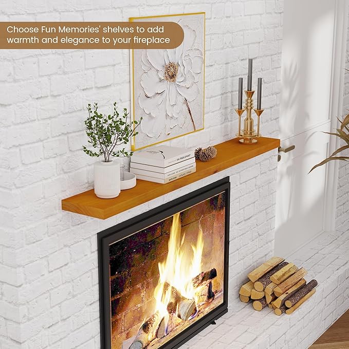 Fun Memories 55 Inches Floating Shelves - 8 Inch Deep Rustic Solid Pine Wood Wall Shelves for Storage - Farmhouse Wall Mounted for Living Room - Heavy-Duty Metal Bracket - 55" W x 8" D - Honey-Ruum Studio Home