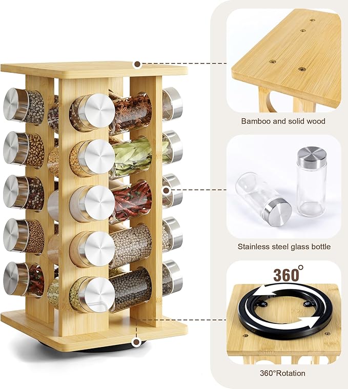 WelFurGeer Bamboo Spice Rack Organizer for Countertop, Revolving Spice Shelf with 20 Glass Jars, Lids & Labels, Desktop Rotating Seasoning Organizer for Kitchens, Space-Saving Design-Ruum Studio Home