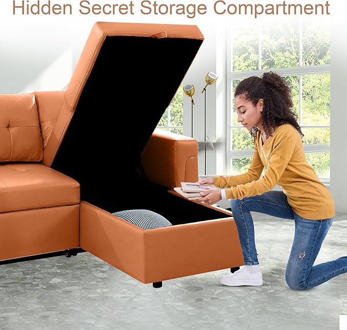 Naomi Home Transform Any Space: Sleeper Sectional Sofa with Convertible Sofa Bed & Inviting Chaise. Find Tranquil Comfort with Stress-Relieving Design & Durable Cushions - Caramel,Air Leather-Ruum Studio Home