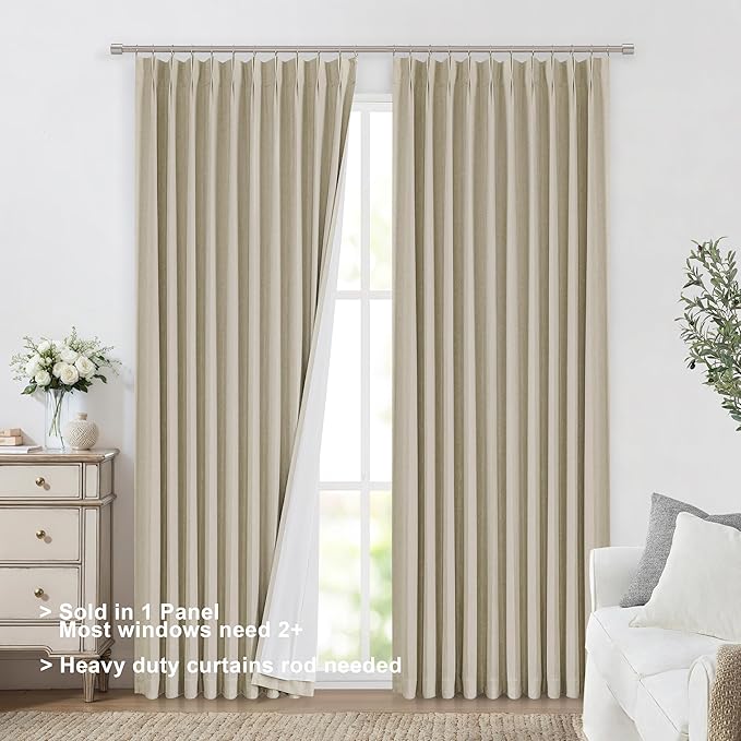 Vision Home Sand Pinch Pleated Full Blackout Curtains Linen Blended Room Darkening Window Curtains 120 inch for Living Room Bedroom Thermal Insulated Pinch Pleat Drapes with Hooks 60" Wx120 Lx1-Ruum Studio Home