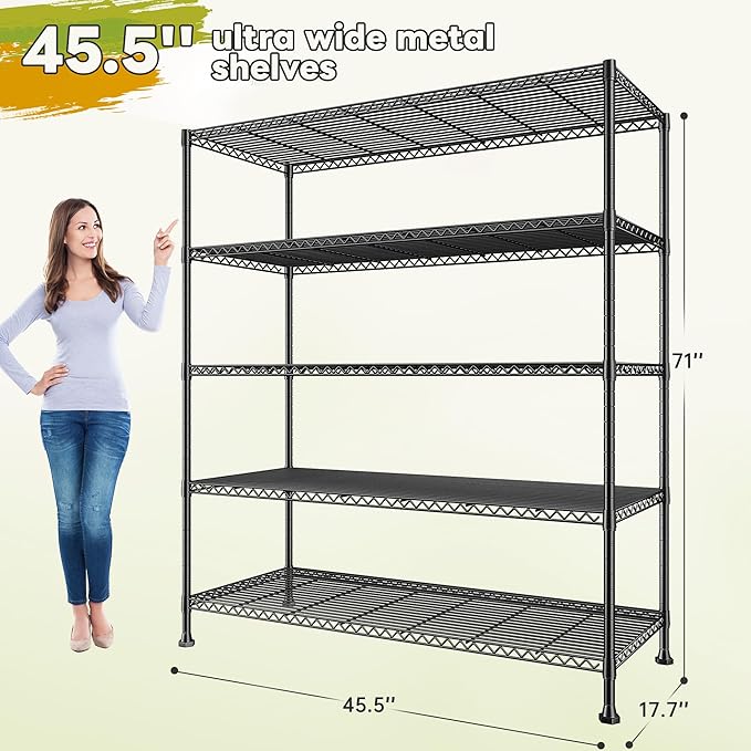 REIBII 45.5''W Storage Shelves Wire Shelving, 5 Tier Pantry Shelves for Storage Rack, Adjustable Metal Shelving for Pantry Kitchen Steel Shelving, 45.5" W x 71" H x 17.7" D-Ruum Studio Home