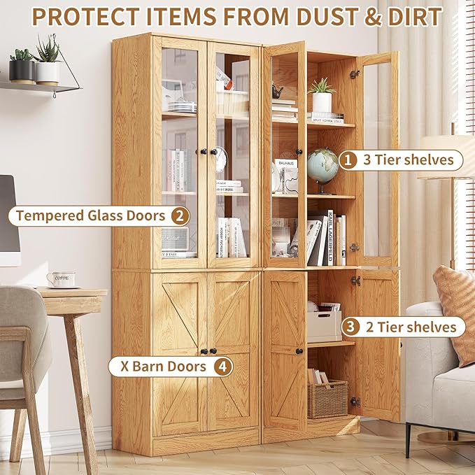 71" Tall Bookcases Set of 2, Bookshelves with Doors, 5-Shelf Bookcase with Storage, Wooden Bookshelf Floor Standing Display Storage Shelves Home Decor Furniture for Living Room,Bedroom,Natural-Ruum Studio Home