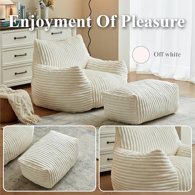 Premium Beige Bean Bag Chair for Adults with Armrest- Ultra Plush Memory Foam Lounge Sofa & Comfy Reading Nook Chair for Bedroom, Living Room & Dorm (White, Without Pedals)-Ruum Studio Home