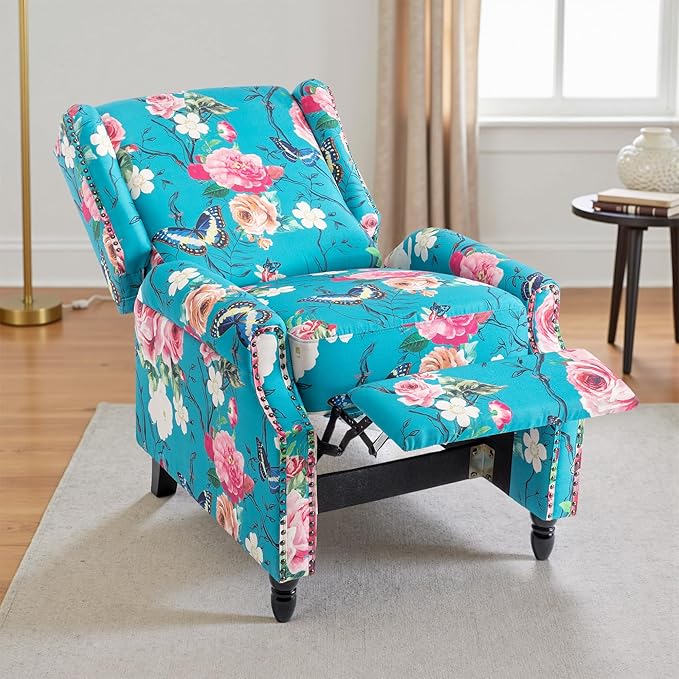 UIXE Floral Pushback Recliner Chair, Fabric Upholstered Armchair Push Back Accent Chair for Living Room, Rivet Trim Club Chair Home Theater Single Sofa Reading Seat - Peacock Blue-Ruum Studio Home