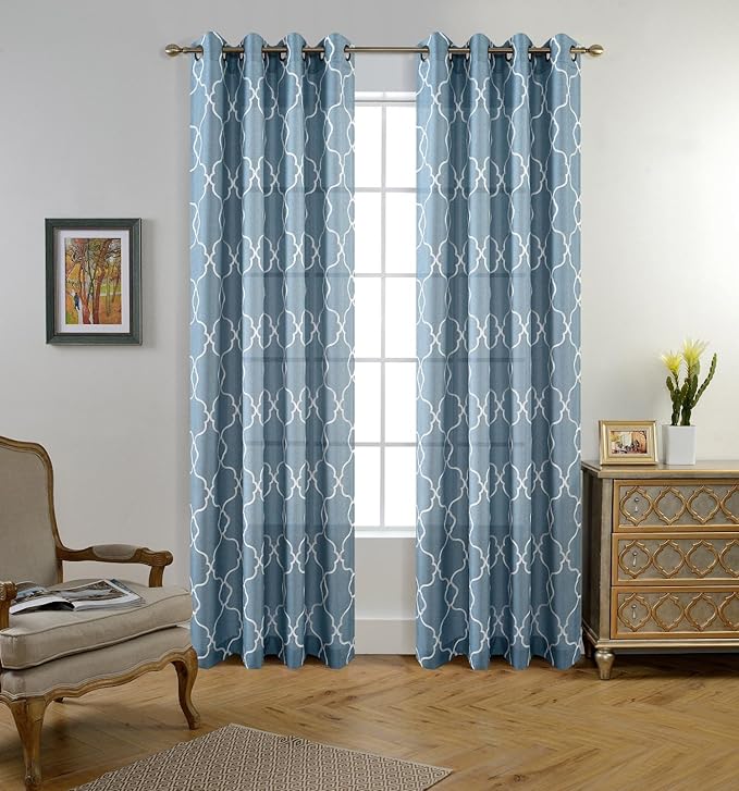 MIUCO Moroccan Embroidered Semi Sheer Curtains Faux Linen Grommet Window Curtain for Living Room 52 x 84 Inch 2 Panels, Dusty Blue-Ruum Studio Home