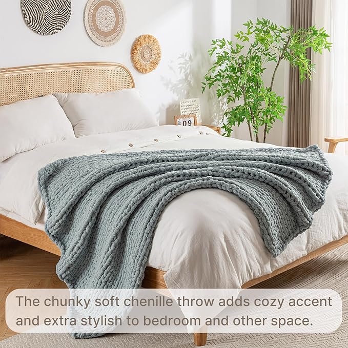 Chunky Knit Blanket Throw, 100% Hand Knit Throw Blanket Handmade Chenille Cable Knit Throw for Couch, Stylish Cozy Soft Rope Knot Crochet Blanket for Home Decor, Chambray Blue, 50x60 Inches-Ruum Studio Home