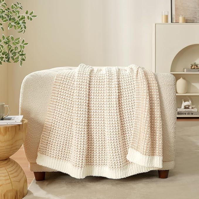 Snuggle Sac Cream Waffle Throw Blanket for Couch Bed Sofa 50x60 inches, Reversible Beige Blanket Microfiber Fluffy Fuzzy Cozy Knit Soft Throws for Women Mothers Birthday Gifts-Ruum Studio Home