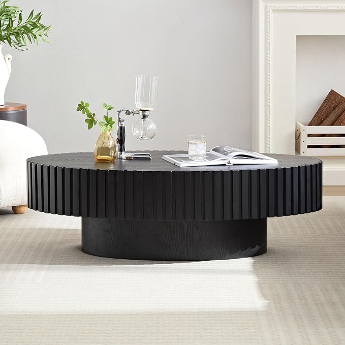 Oval Coffee Table for Living Room, Modern Fluted Coffee Tables with Pedestal Base, Handcrafted Centre Tea Tables Easy Assembly-43.7" Black-Ruum Studio Home