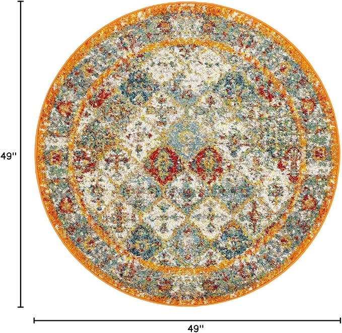 Unique Loom Rosso Collection Vintage, Traditional, Bohemian, Geometric, Distressed, Southwestern Area Rug, 4' 0" x 4' 0", Multi/Orange-Ruum Studio Home