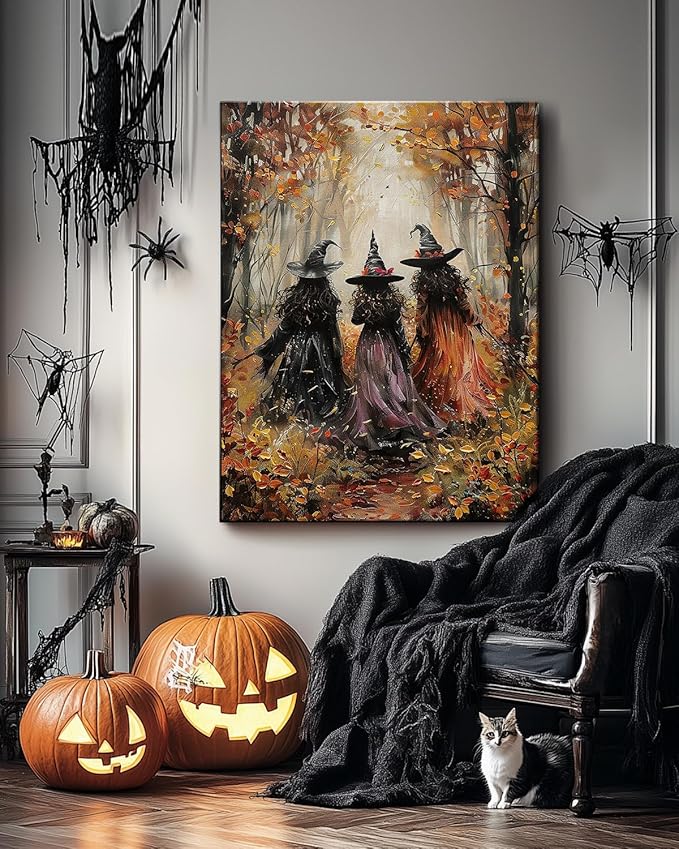 Halloween Canvas Wall Art, Vintage Three Witches Poster, Gothic Dark Academia Wall Decor, Spooky Halloween Decor for Living Room, Bedroom & Bathroom, Framed Fall Decorations Indoor-Ruum Studio Home