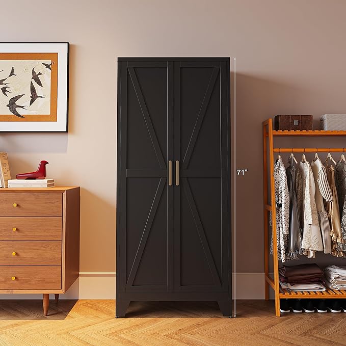 71'' Farmhouse Metal Storage Cabinet with Barn Doors,Steel File Cabinet for Home Office,Kitchen Pantry 4 Adjustable Shelves,Freestanding Cupboard for Kitchen,Home Office (Black)-Ruum Studio Home