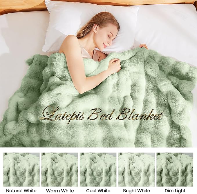 Latepis Faux Fur Throw Blankets Sage Green Bubble Cozy Soft Heavy Blanket for Couch Fuzzy Thick Blanket for Sofa Bedroom Plush Fluffy Warm Blankets for Winter Luxury Throw Blanket 50''x60'', 860gsm-Ruum Studio Home