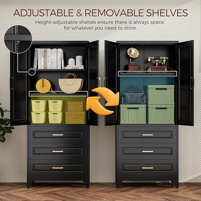 75" Kitchen Pantry Cabinet, Metal Storage Cabinets with Doors and Adjustable Shelves, Black Tall Pantry Cabinet with 3 Drawers for Dinning Living Room-Ruum Studio Home