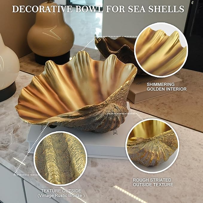 Large Clam Shells Decorative Bowl-Bronze/Golden Sea Shells Decorative Storage Bowls for Coastal Beach theme house table centerpiece decorations & Nautical decorations for coffee table -10.2"-1PC-Ruum Studio Home