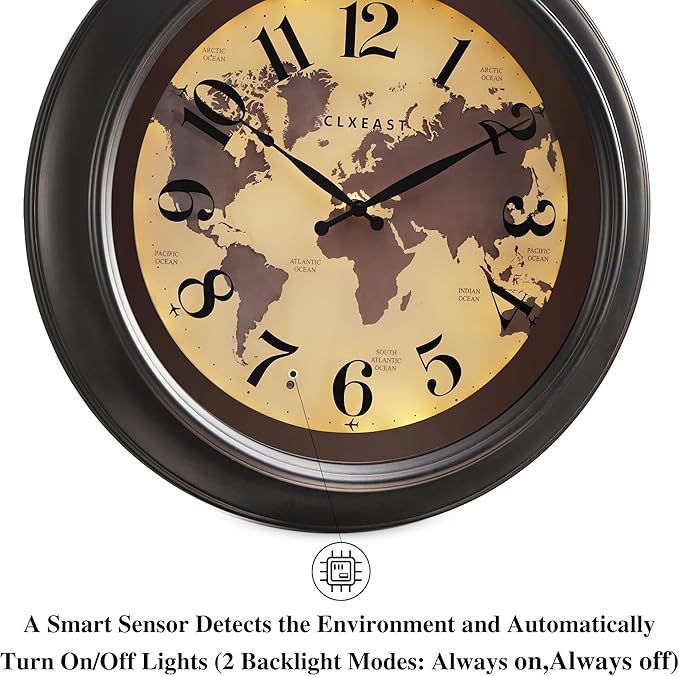 CLXEAST 18 Inch Illuminated Wall Clock with Smart LED Light Sensor, Large Modern World Map Wall Clocks for Living Room Decor,Oil Rubbed Bronze,Unique House Warming Gifts-Ruum Studio Home