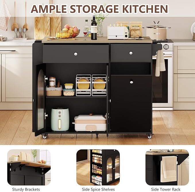 Kitchen Island with Drop Leaf & Power Outlet, Rolling Kitchen Island on Wheels with Trash Can Storage, Island Table Bar Cart with Spice Rack, Towel Rack, Drawers, Mobile Kitchen Carts on Wheels-Ruum Studio Home