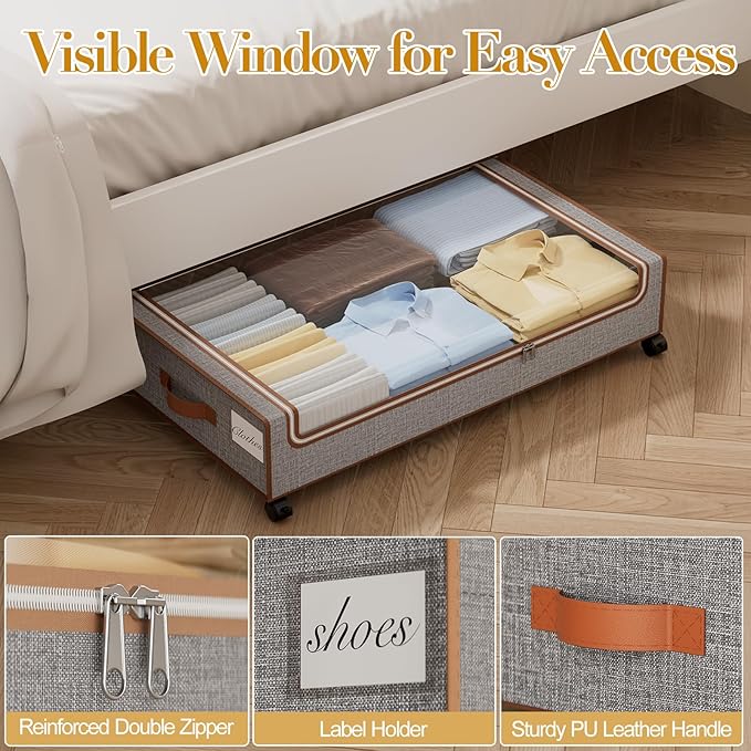 Yecaye Under Bed Storage with Wheels, 4 Pack Under Bed Storage Containers with Clear Lids & Label, XXL Large Lapacity Rolling Under Bed Drawers for Clothes, Shoes, Blankets-Ruum Studio Home