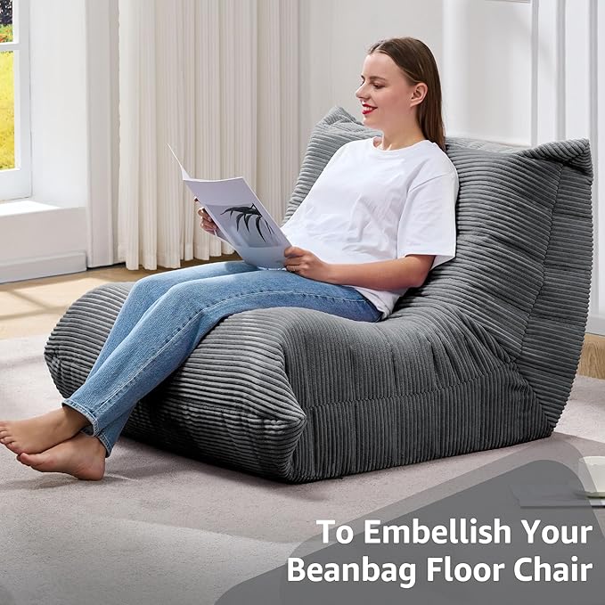 Bean Bag Chairs for Adults Giant Bean Bag Chair Memory Foam BeanBag Chair Big Bean Bag Sofa with Filler Faux Fur Fireside Beanbags Lazy Sofa for Living Room Bedroom Dorm Office (Grey Corduroy)-Ruum Studio Home