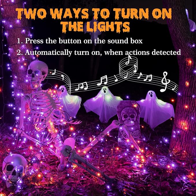 Rotu Halloween String Lights Outdoor with Music Sync Spooky Sounds 300 LED 114.8ft Indoor Fairy String Lights Waterproof Function for Halloween Party Haunted House Decorations (Purple & Orange)-Ruum Studio Home