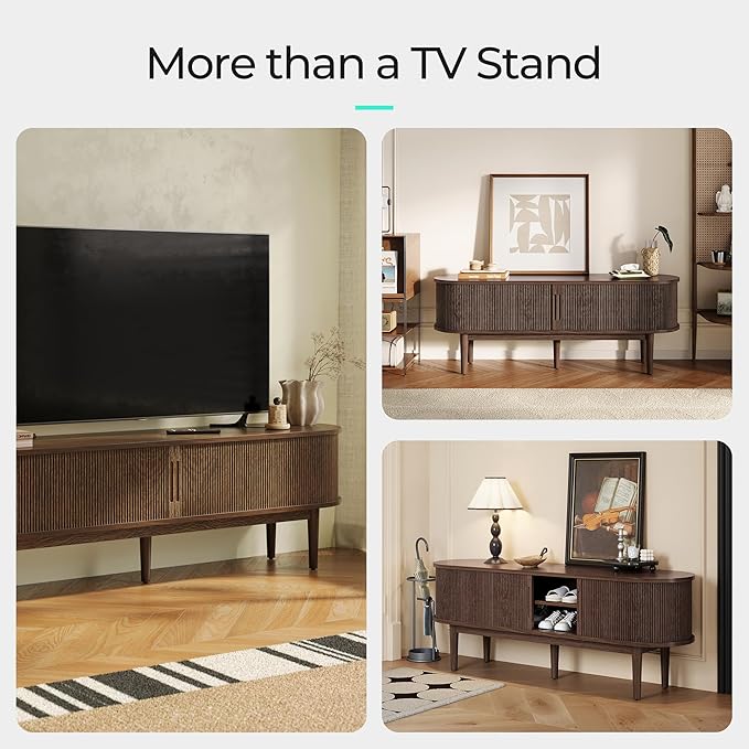 LINSY HOME TV Stand for 65" TV, Mid-Century Modern 58" Entertainment Center with Sliding Tambour Door and Storage Cabinet, Cruved TV Media Console Table for Living Room, Bedroom, Walnut-Ruum Studio Home