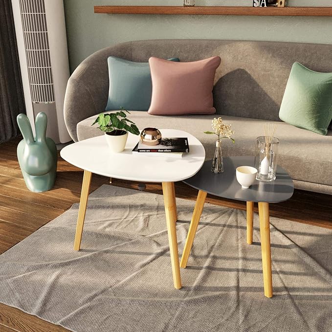 BAMEOS Bamboo Nesting Triangle End Table,Set of 2 Coffee Table Modern Minimalist Side Table for Living Room, Balcony in White & Grey-Ruum Studio Home