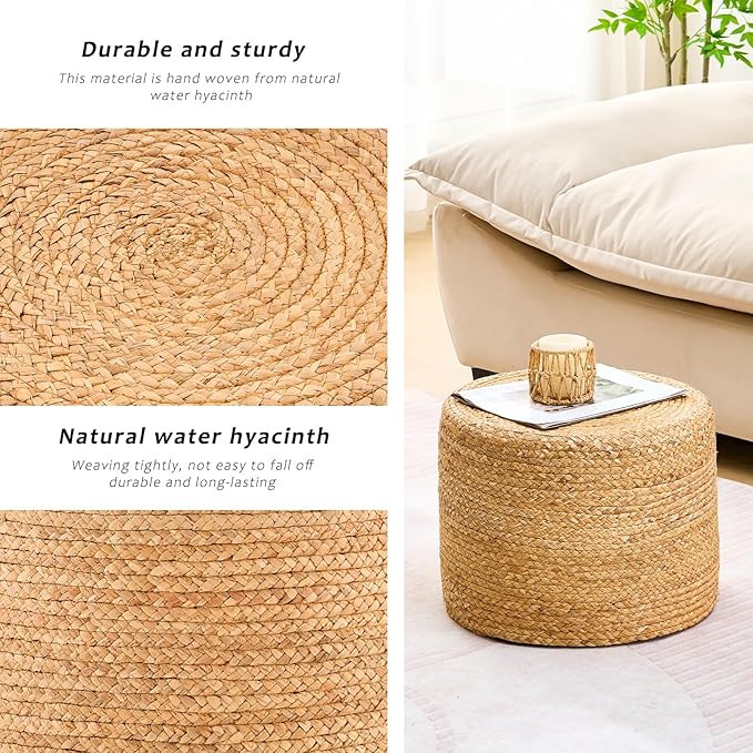 Handwoven Water Hyacinth Ottoman Pouf, Round Outdoor Footstool with Sturdy Frame, No Assembly Needed, Boho Accent Stool for Indoor & Outdoor Use – Patio, Balcony, Living Room (Natural)-Ruum Studio Home