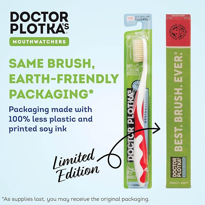 MOUTHWATCHERS Soft Flossing Toothbrushes, Value Pack of 4, Red, Manual Toothbrush for Adults, Ultra Clean, Good for Sensitive Teeth and Gums, by Dr. Plotka's-Ruum Studio Home
